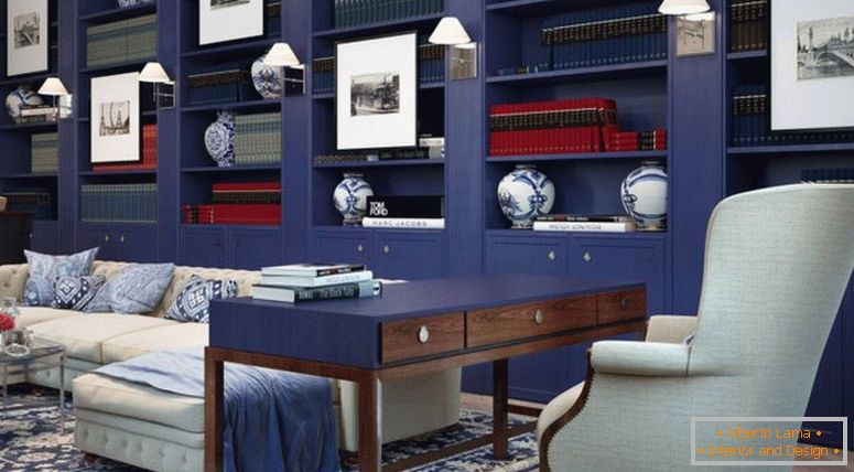 modrý obývací pokoj se psacím stolem