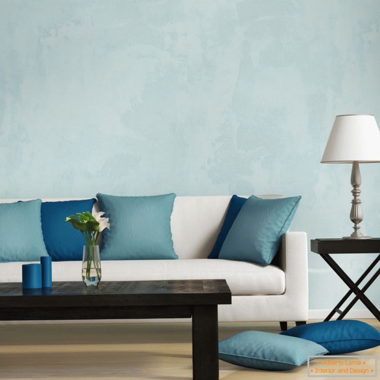 Modrý moderní styl, romantický interiér obývacího pokoje