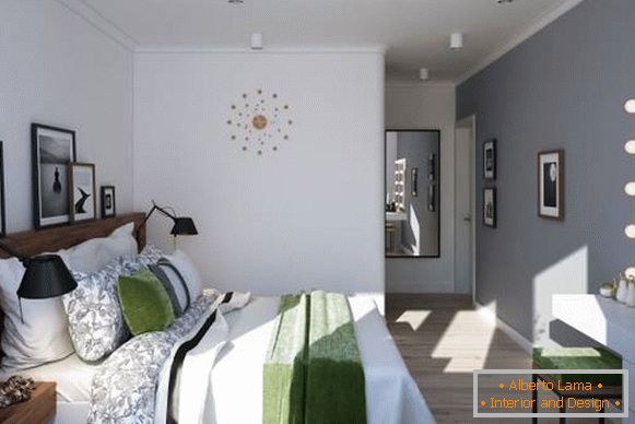Design ložnice ve dvoupokojovém bytě ve skandinávském stylu
