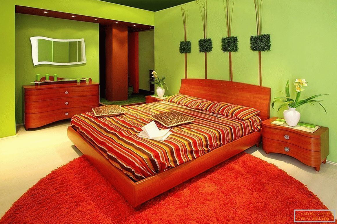 Červená a zelená ložnice interiéru