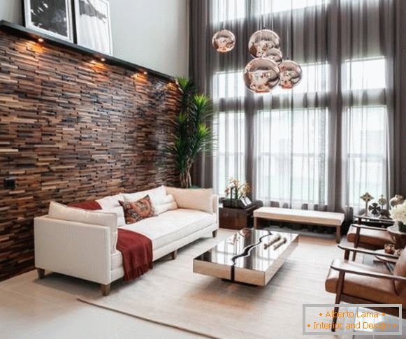 Dřevěné panely v interiéru - elegantní obývací pokoj