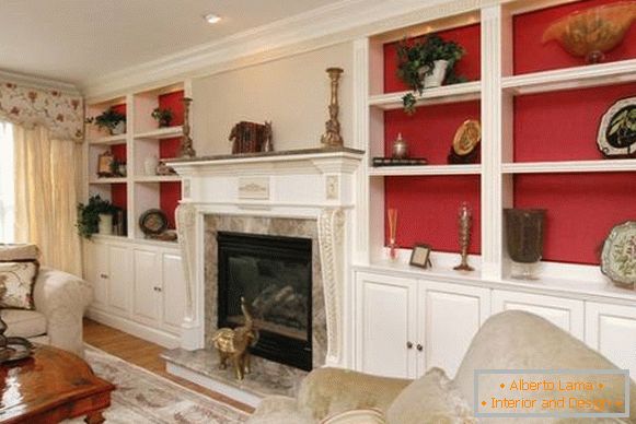 Obývací pokoj v bílé a červené barvě