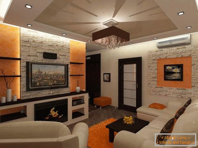 Design obývacího pokoje ve dvoupokojovém apartmánu pro rodinu s dítětem