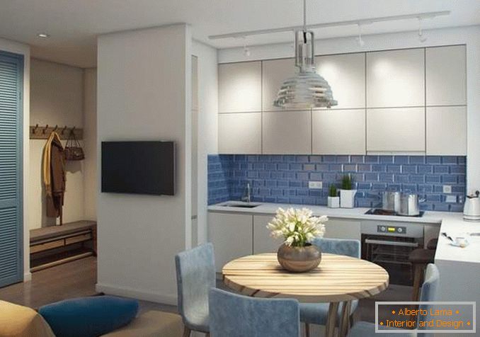 Design vstupní haly, kuchyně a obývacího pokoje v dvoupokojovém bytě rodiny s dítětem