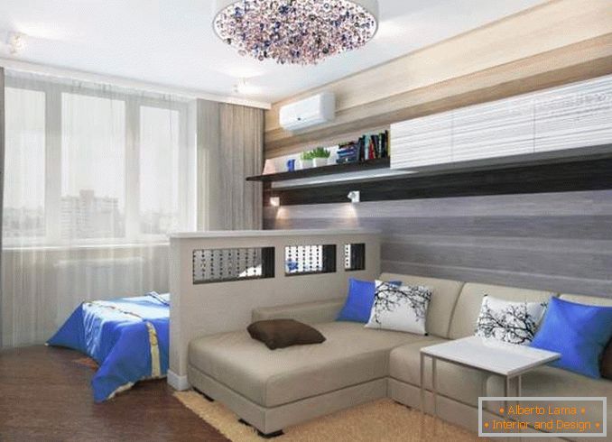 Design dvoupokojového apartmánu s dětským pokojem - fotografie kombinované ložnice obývacího pokoje