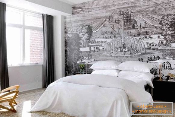 Moderní design ložnice s krásnou tapetou