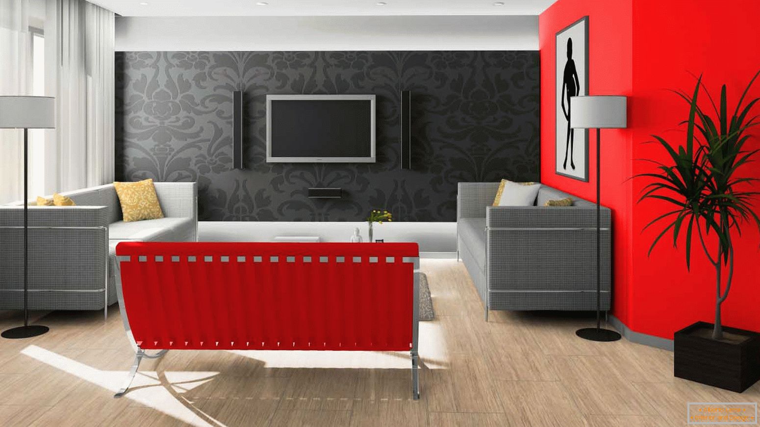 Černá a červená v designu obývacího pokoje