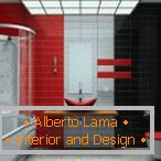Interiér koupelny v červené, černé a šedé barvě