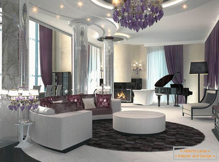 Vícestupňový strop s bodovým osvětlením doplňuje celkovou kompozici ve stylu Art Deco, ve které je obývací pokoj vyroben. 