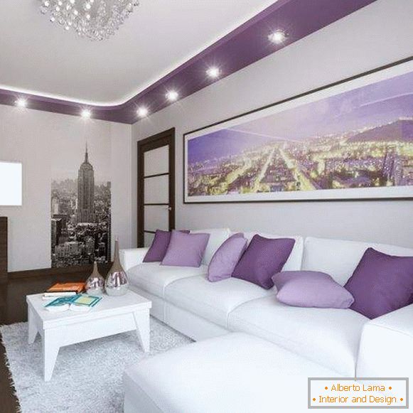 Moderní design haly v bytě в белом и фиолетовом цвете