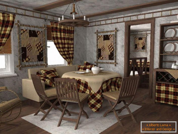 Obývací pokoj ve venkovském stylu. Záclony, ubrus, polštáře na polštářích, prvky stěnového panelu jsou provedeny ze stejného typu tkaniny v kleci. 