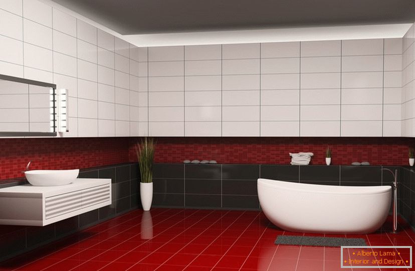 Červené, černé a bílé dlaždice v designu koupelny