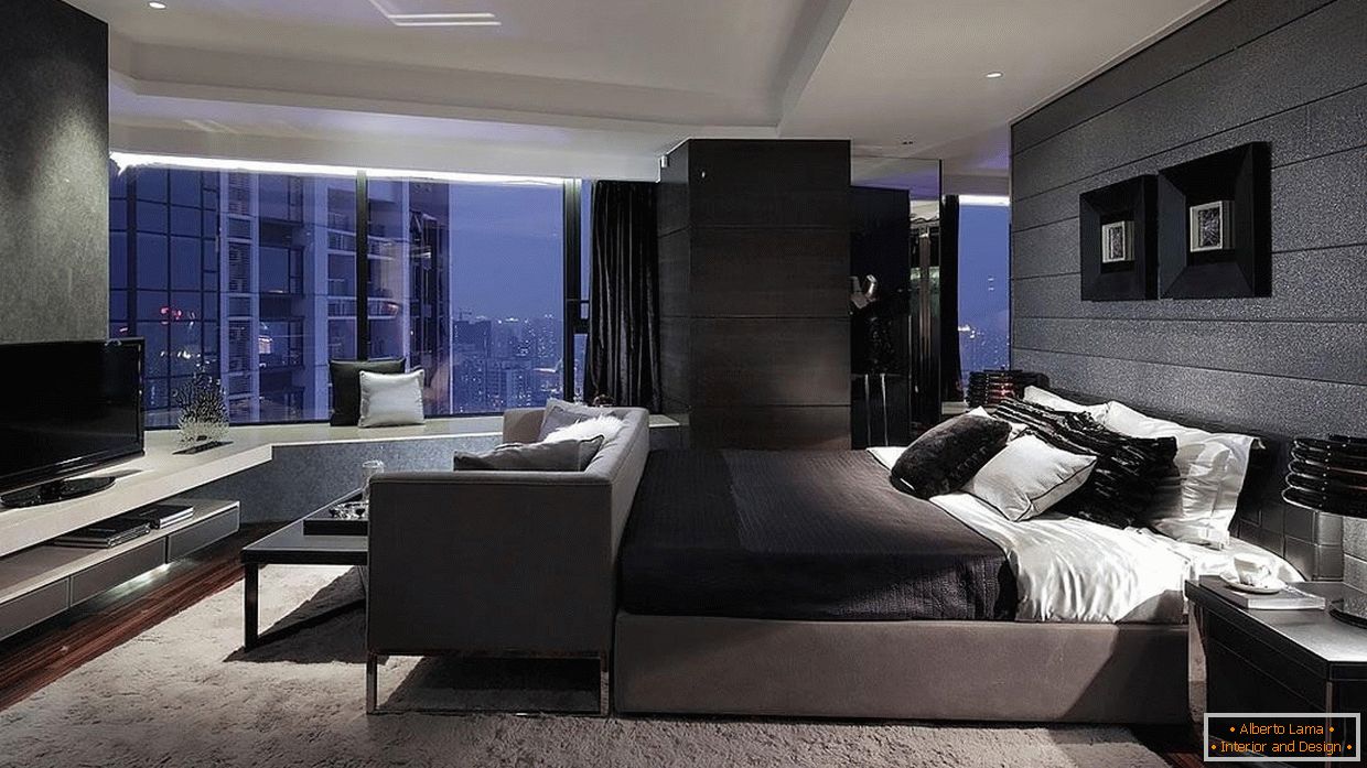 Moderní styl v ložnici s panoramatickým oknem