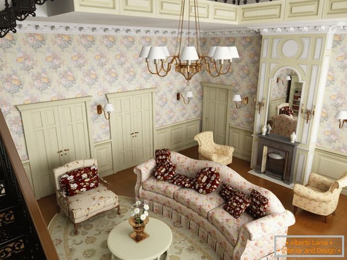 Obývací pokoj ve venkovském stylu v prvním patře velkého domu na předměstí. V souladu se stylem je měkký nábytek vybrán z látky s květinovým vzorem.