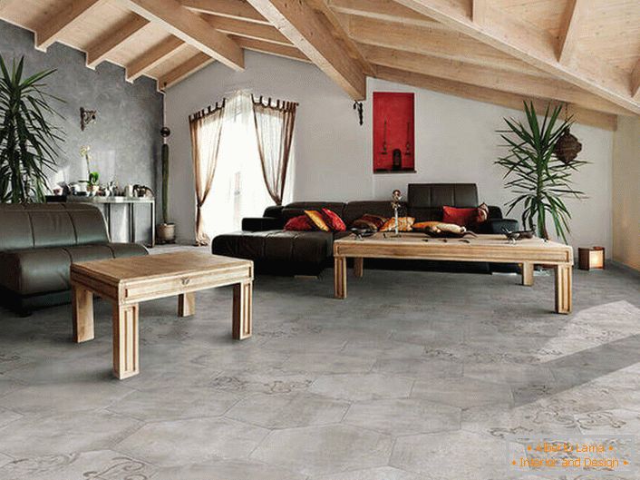 Krytí podlah a stěn napodobuje hrubou povrchovou úpravu. Stropy dřeva jsou kombinovány do společného složení s nábytkem. Šťastná variace půdního stylu v obývacím pokoji.