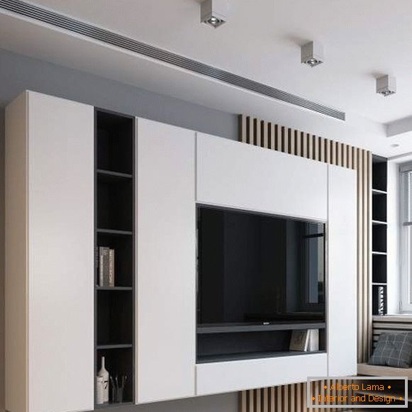 modulární stěna v obývacím pokoji v moderním stylu, foto 36