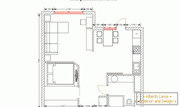 Plán uspořádání nábytku ve studiovém bytě