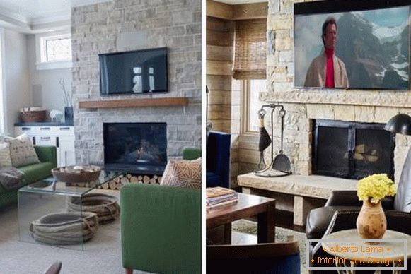 TV nad krbem v interiéru obývacího pokoje - fotka s kamennou výzdobou