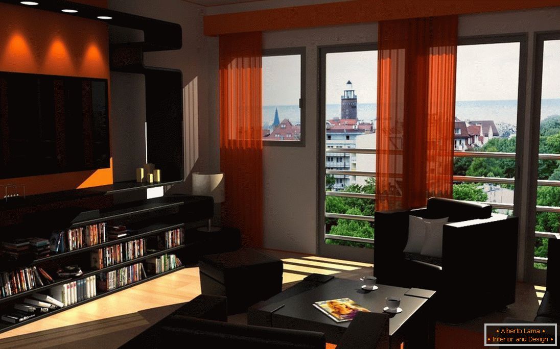 Tmavý nábytek a oranžové závěsy v obývacím pokoji