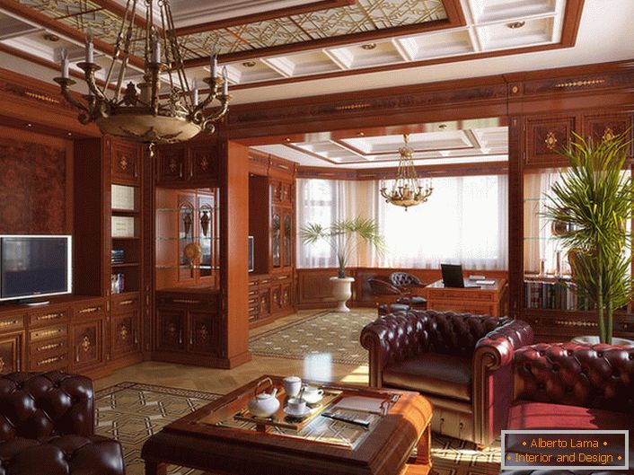 Obývací pokoj v anglickém stylu je zdoben především ušlechtilým dřevem.