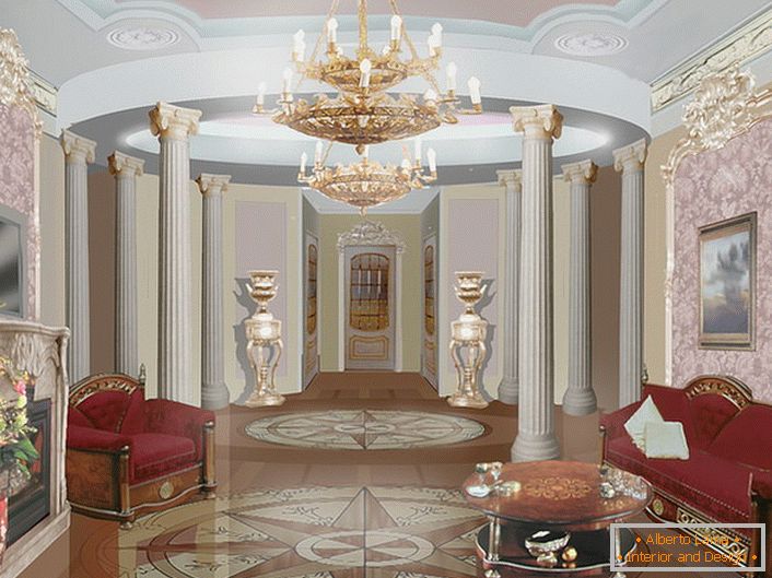 Majestátní masivní dřevěný nábytek se světlem čalouněním a malým konferenčním stolkem v tónově dobře zařízené barokní pokoji.