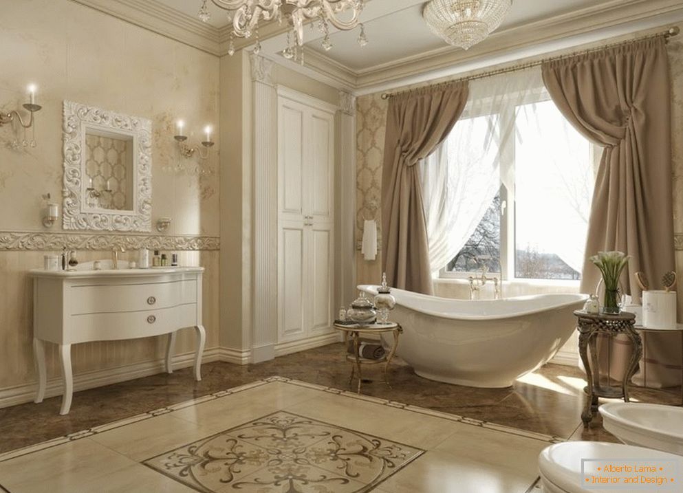 Okno s závěsy v koupelně v klasickém stylu