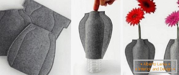 Váza ze skleněné láhve a plsti