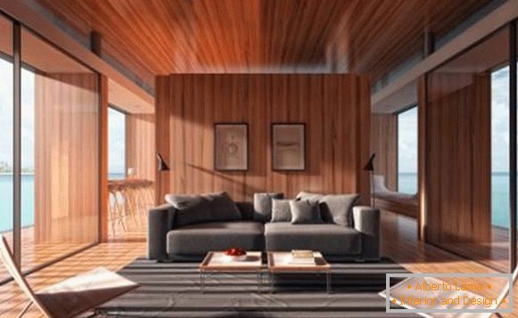 Moderní obývací pokoj s velkými okny