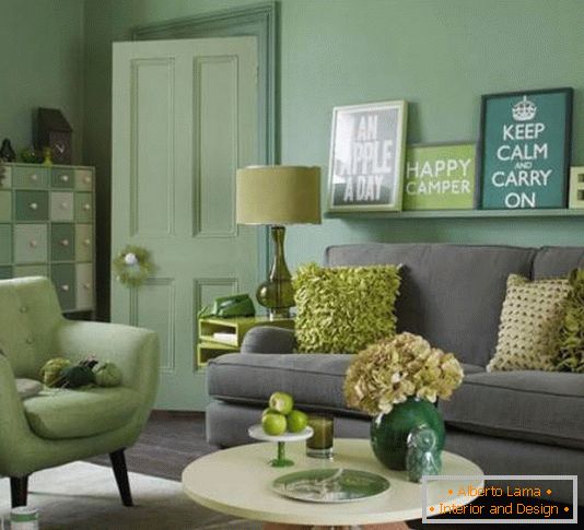 Elegantní obývací pokoj v zelené a šedé barvě