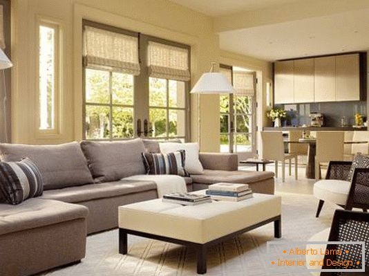 Moderní obývací pokoj ve světlých barvách
