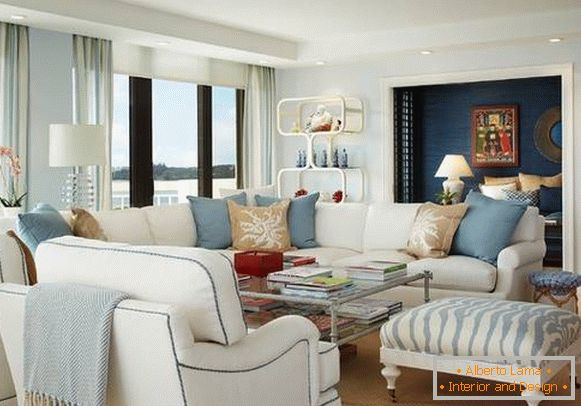 Béžově modrý obývací pokoj - moderní design 2016