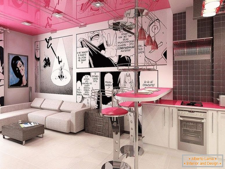 Růžový strop v interiéru ve stylu pop art