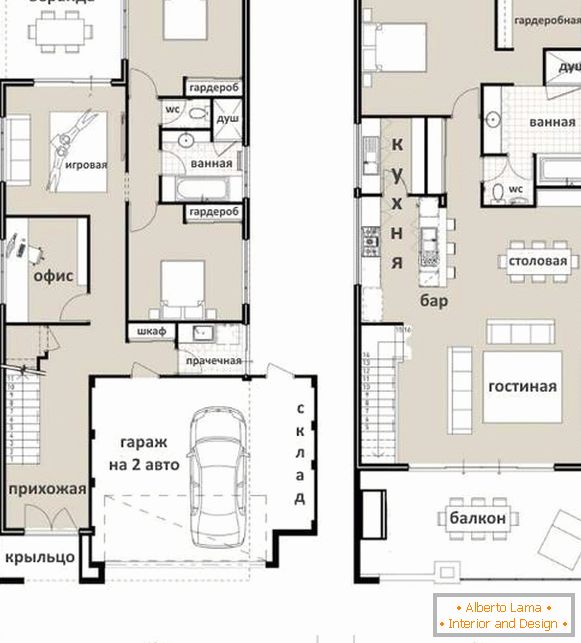 Varianty druhého patra v soukromém domě - projekt s obývacím pokojem a jednou ložnicí