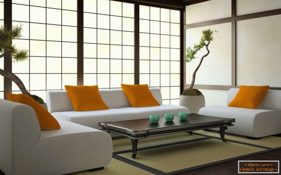 Obývací pokoj v japonském stylu со светлыми стенами и темным полом