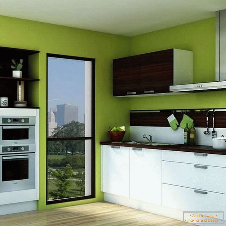Jasně zelená barva stěn a bílá kuchyně