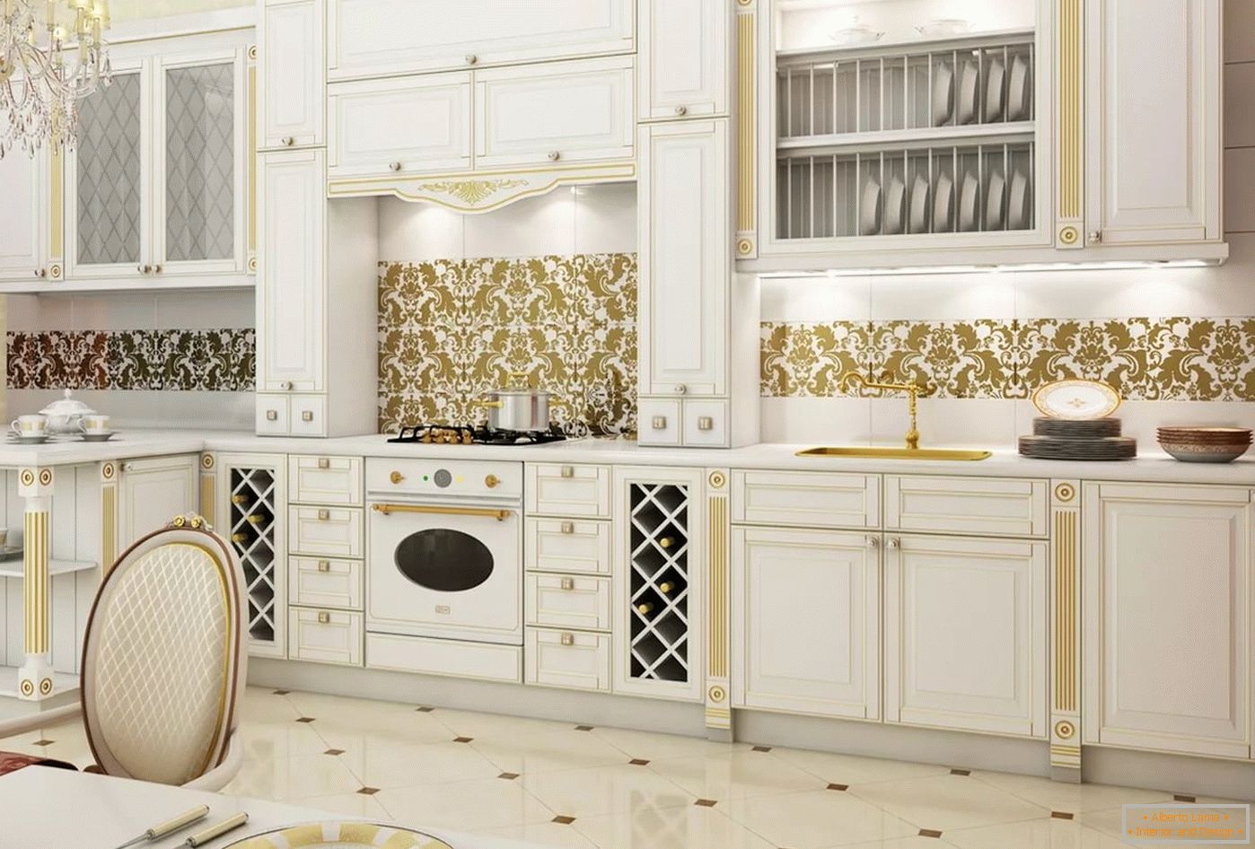 Bílá a zlatá v interiéru a designu kuchyně